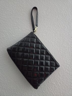 Betsey Johnson Black Quilted Patent Wristlet with Gold Accent